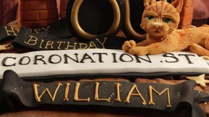 The 80th birthday cake which was presented to William Roache on the set of Coronation Street