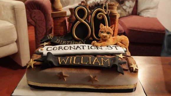 The 80th birthday cake which was presented to William Roache on the set of Coronation Street