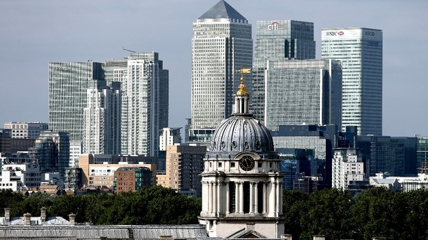 View from Greenwich Park across to Canary Wharf and the City of London.