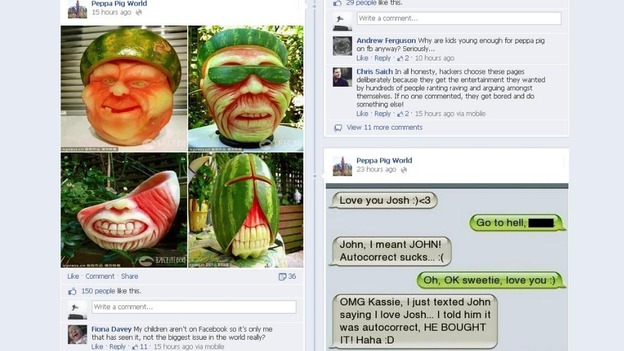 Some of the random posts that have been left by a hacker on the Peppa Pig World Facebook page
