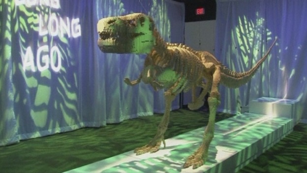 A LEGO sculpture of a Tyrannosaurus rex skeleton at the exhibition.