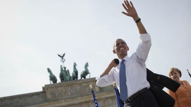 President Barack Obama with Chancellor Angela Merkel after his speech at the city's historic Brandenburg Gate.