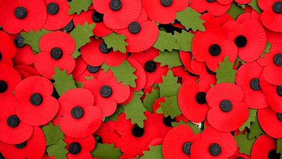 Poppy badges at the Armed Forces Memorial for a Service of Remembrance on Armistice Day at the National Memorial Arboretum, Staffordshire.