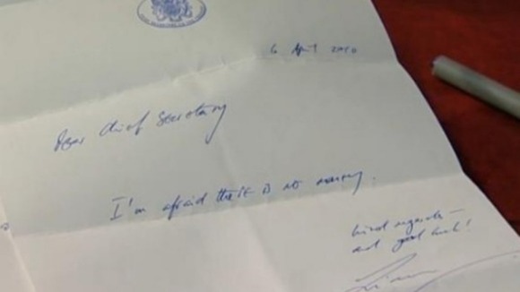 The note reads: "Dear Chief Secretary, I'm afraid there is no money. Kind regards - and good luck!"