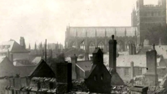 Exeter cathedral during the blitz
