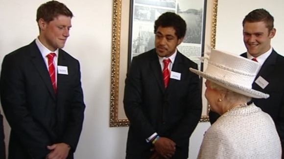 Rhys Priestland, Toby Faletau and Dan Lydiate meeting the Queen