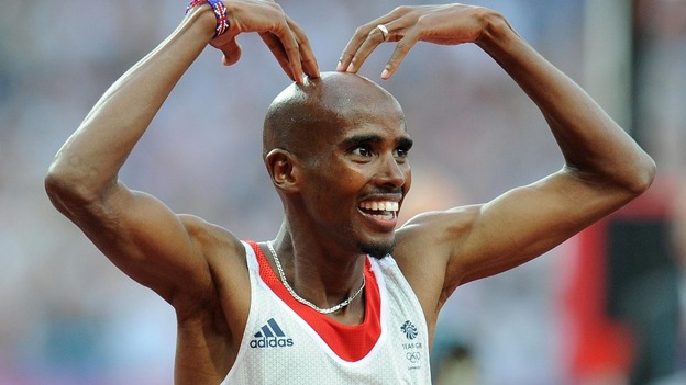 Mo Farah celebrates winning the Men's 5,000m Final