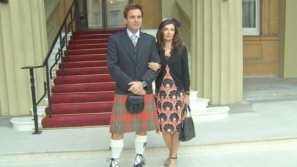 Ewan McGregor arrives wearing a kilt with his wife Eve Mavrakis.