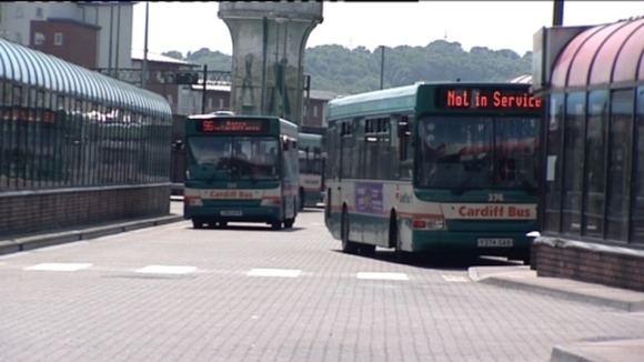 A bus leaving Cardiff Bus Station