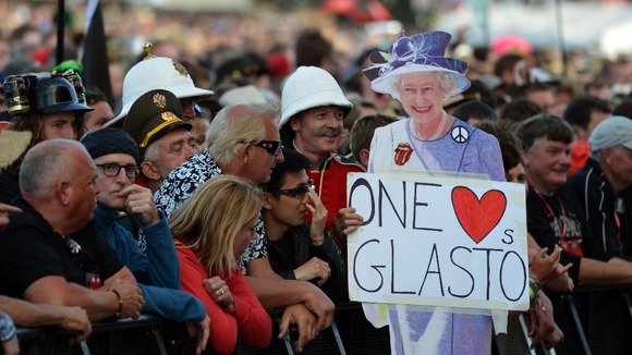 A cardboard cut-out of the Queen at the Glastonbury Festival, at Worthy Farm in Somerset