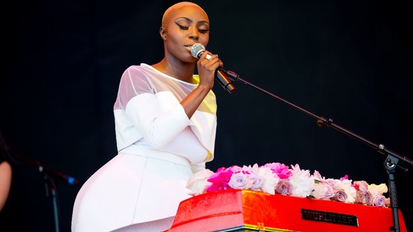 Laura Mvula performing at the Pyramid Stage of Glastonbury Festival, at Worthy farm in Somerset.