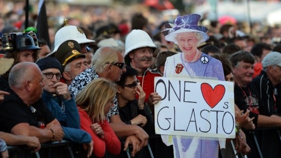A cardboard cut-out of the Queen at the Glastonbury Festival