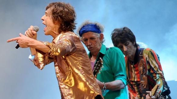 Mick Jagger, Keith Richards and Ronnie Wood from the Rolling Stones perform on the Pyramid Stage