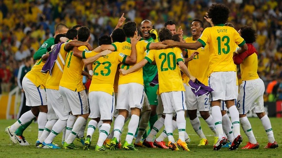 Brazil celebrates their victory over Spain in the Confederations Cup final