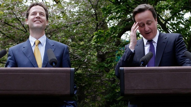 Prime Minister David Cameron (R) and Deputy Prime Minister Nick Clegg hold their first joint press conference in May 2010