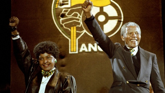 Winnie and Nelson Mandela pictured in April 1990 at a concert in Wembley stadium.