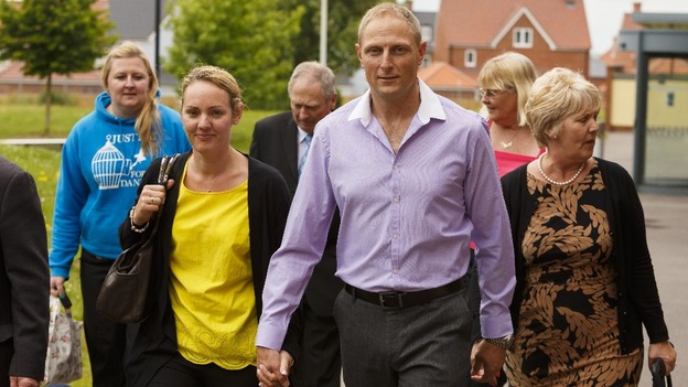 Sergeant Danny Nightingale with his wife Sally leaves his court martial in Bulford, Wiltshire