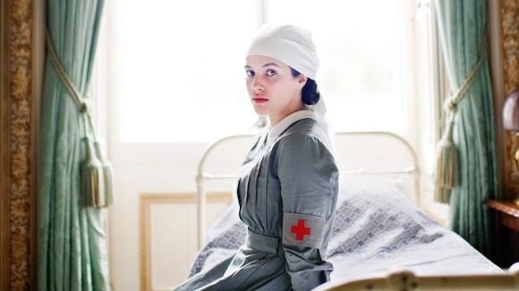 Jessica Brown Findlay as "Lady Sybil Crawley" in her nurse's outfit
