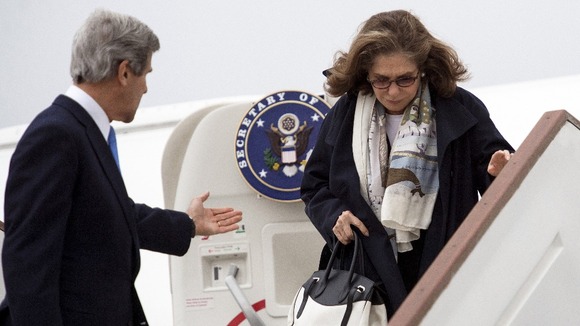US Secretary of State John Kerry helping his wife Terese Heinz-Kerry off the plane at Stansted, last month.