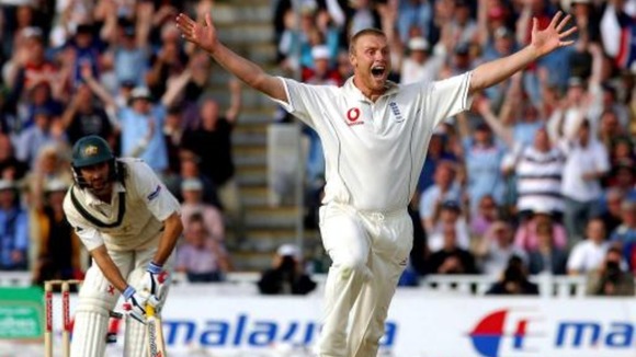 Andrew Flintoff celebrates dismissing Jason Gillespie at Edgbaston in 2005