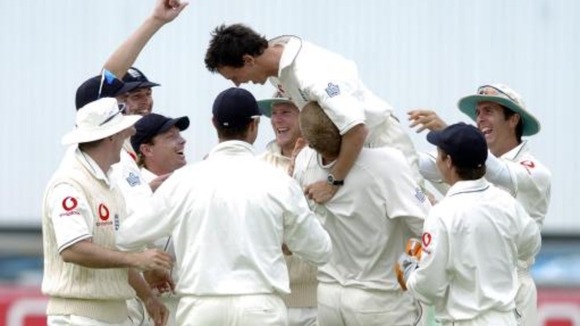 Gary Pratt celebrates claiming the wicket of Australia's Ricky Ponting