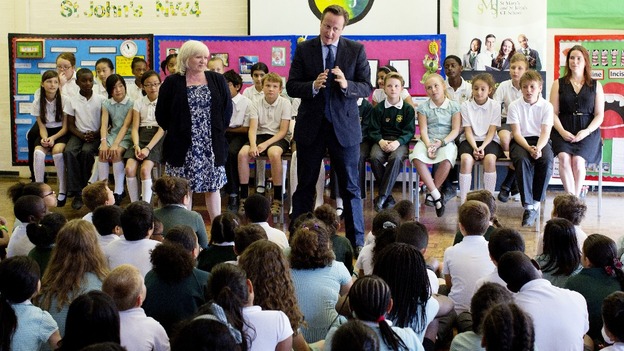 David Cameron addresses children at St Mary's and St John's CE School in north London.