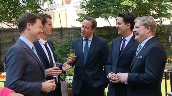 Nick Clegg, David Cameron and Ed Miliband in the Downing Street garden