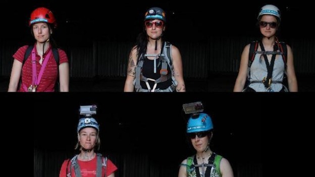Five of the six protest climbers