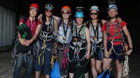 The six women climbers who scaled Europe's tallest building yesterday, to protest against drilling in the Arctic.