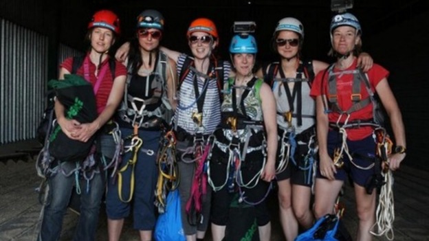 The six women climbers who scaled Europe's tallest building yesterday, to protest against drilling in the Arctic.