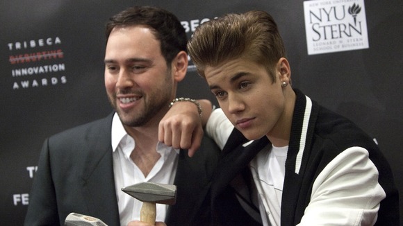 Scooter Braun and Justin Bieber attend the 3rd annual Tribeca Disruptive Innovation Awards.