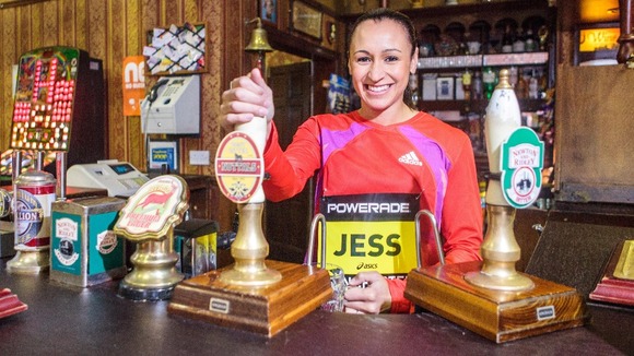 Jessica Ennis behind the bar at the Rovers Return in Coronation Street.