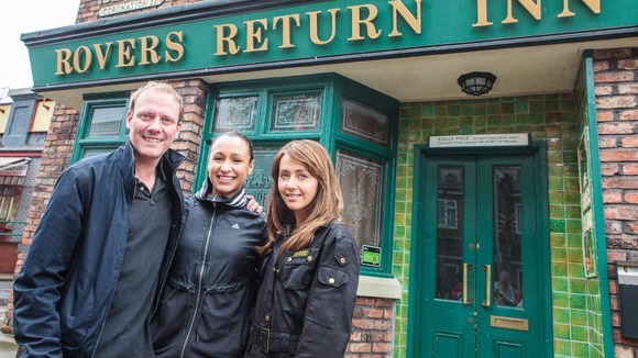 Jessica Ennis (centre) with Antony Cotton and Samia Ghadie on the set of the ITV1 soap Coronation Street.