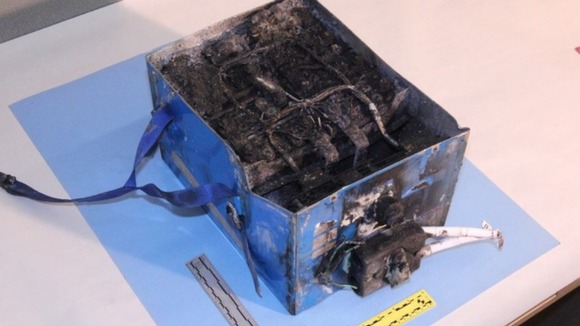 Burned power unit battery from a Boeing 787.