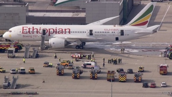 Emergency services can be seen surrounding the Ethiopian Airlines planes at Heathrow.