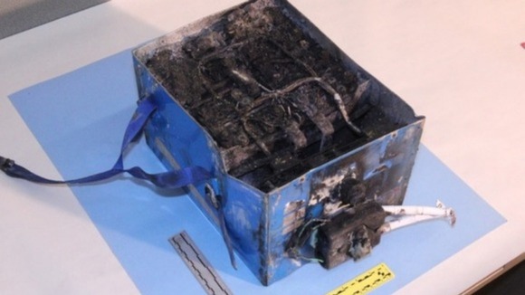 Burned power unit battery from a Boeing 787 in a previous incident.