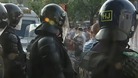 Police with riot shields in Belfast on Friday night.