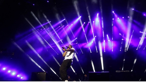 Jay-Z performs in front of thousands of people in the newly reopened Queen Elizabeth Olympic Park in Stratford.