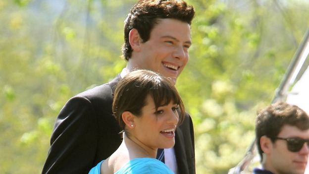 Actors Lea Michele and Cory Monteith filming the TV series "Glee" at the Bow Bridge in Central Park, New York