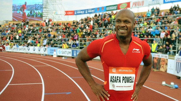 Asafa Powell of Jamaica smiles after he won 100 m dash at the IAAF World Challenge athletics meeting in Ostrava, Czech Republic