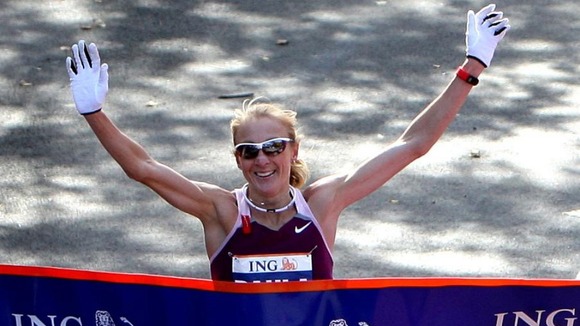 Paula Radcliffe crosses the finish line to win the New York Marathon in November 2008.