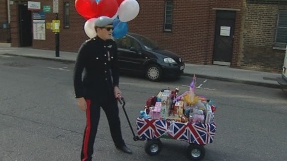 He came with gifts and balloons care of toy manufacturer Hasbro.