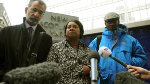 Doreen Lawrence with her son Stuart, and lawyer Imran Khan, talks to the media outside court on June 28.