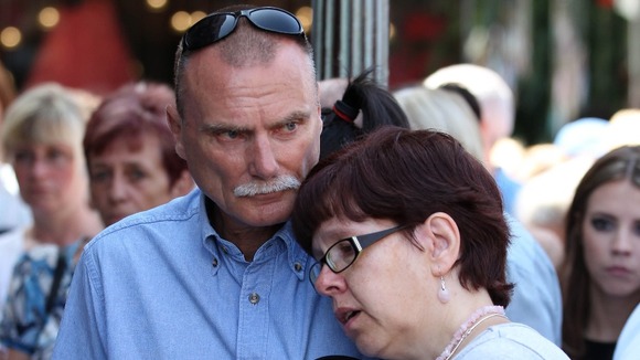 Mourners outside the theatre at the funeral of Bernie Nolan