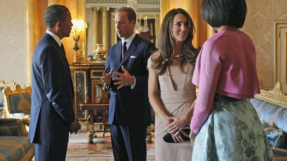Barack Obama and First Lady Michelle Obama meet with Prince William and the Duchess of Cambridge at Buckingham Palace.