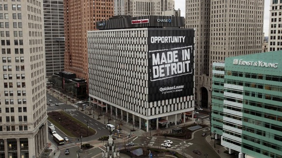 'Opportunity Made In Detroit' banner seen on the side of a building