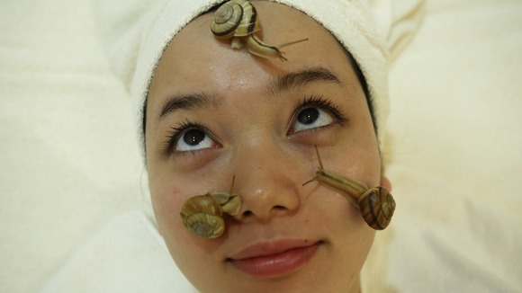 Snails crawl on the face of a customer during a demonstration