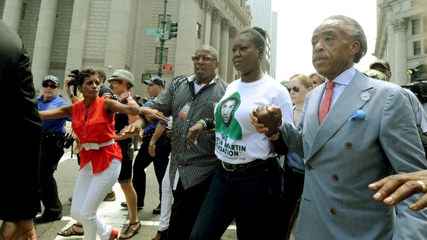 Trayvon Martin's mother Sybrina Fulton and Reverend Al Sharpton at the New York City rally.