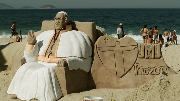Sand sculpture in honor of Pope Francisco in Copacabana, south of Rio de Janeiro.