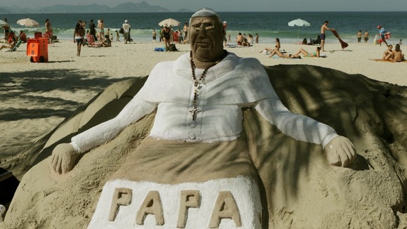 Sand sculpture in honor of Pope Francisco in Copacabana, south of Rio de Janeiro.